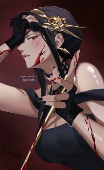 1girl absurdres bare_shoulders black_dress black_gloves black_hair black_nails blood blood_on_face blood_on_hands bloody_weapon breasts cleavage dagger dress earrings fingerless_gloves fingernails gloves gold_earrings gold_hairband hair_ornament hairband hand_on_own_head highres holding holding_weapon jewelry knife knowname large_breasts long_fingernails looking_at_viewer nail_polish parted_lips red_eyes sidelocks simple_background solo spy_x_family stiletto_(weapon) twitter_username upper_body weapon yor_briar
