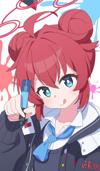 1girl :q absurdres ahoge black_jacket black_vest blue_archive blue_eyes blue_necktie collarbone commentary dot_nose double_bun hair_bun halo highres holding holding_pen jacket looking_at_viewer maki_(blue_archive) necktie nyan_(float_495) paint_splatter pen red_hair red_halo shirt solo tongue tongue_out vest white_background white_shirt