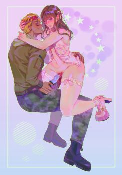 1boy 1girl :d arched_back arm_around_shoulder bags_under_eyes bleeding blonde_hair blood blue_eyes blush boyfriend_to_death brown_hair camouflage camouflage_pants clenched_teeth commentary commission commissioner_insert derek_goffard english_commentary facial_mark frilled_thigh_strap grabbing_another's_head green_jacket grin hair_ribbon hand_on_another's_ass hand_on_another's_head headband hetero high_heels highres holding_machete hood hood_down injury invisible_chair jacket long_hair looking_at_another object_insertion open_clothes open_mouth open_shirt pants ribbon shirt sitting smile soureeeee squatting stab teeth thigh_strap vaginal vaginal_object_insertion white_shirt