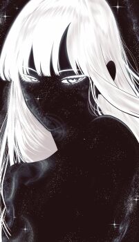 1girl absurdres black_skin colored_skin commentary english_commentary greyscale highres long_hair looking_at_viewer monochrome mostlybluewyatt original simple_background sky solo space space_print sparkle star_(sky) starry_sky starry_sky_print white_hair