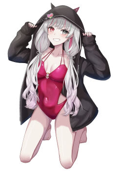 1girl absurdres black_jacket breasts casual_one-piece_swimsuit commentary_request covered_navel full_body grey_eyes grey_hair grin hair_ornament heterochromia highres hood hood_up hooded_jacket horns ishigami_nozomi jacket jacket_over_swimsuit long_hair looking_at_viewer low_twintails medium_breasts multicolored_hair nijisanji o-ring o-ring_swimsuit one-piece_swimsuit oriber00 red_eyes red_swimsuit simple_background smile solo streaked_hair swimsuit twintails virtual_youtuber white_background