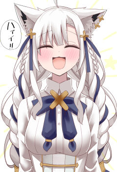 Rule 34 | 1girl, ahoge, animal ear fluff, animal ears, blue hair, blush, braid, breasts, closed eyes, hair between eyes, hair ornament, highres, hololive, long hair, long sleeves, low-tied long hair, multicolored hair, natsume mina, open mouth, shirakami fubuki, shirt, simple background, smile, solo, speech bubble, translation request, twin braids, upper body, very long hair, virtual youtuber, white background, white hair, white shirt, x hair ornament