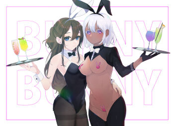 2girls animal_ears bandaid bandaid_on_pussy bare_shoulders black_bow black_bowtie black_gloves black_hairband black_leotard black_pantyhose blue_eyes bow bowtie breasts brown_hair closed_mouth cocktail cocktail_glass commentary_request cowboy_shot cup dark-skinned_female dark_skin detached_collar drink drinking_glass fake_animal_ears gloves groin hair_between_eyes hairband half_gloves half_updo heart_maebari highres highspeed_fujimori holding holding_tray leotard long_hair long_sleeves looking_at_viewer maebari medium_breasts multiple_girls navel original pantyhose pasties playboy_bunny purple_eyes rabbit_ears rabbit_tail reverse_bunnysuit reverse_outfit short_hair shrug_(clothing) sidelocks smile standing strapless strapless_leotard tail text_background thighband_pantyhose traditional_bowtie tray white_background white_bow white_bowtie white_hair wrist_cuffs