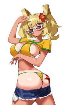 1girl absurdres alternate_costume ass bikini blonde_hair blue_shorts brazilian_miku brazilian_miku_(cosplay) breasts burnice_white cleavage closed_mouth clothes_pull commentary_request cosplay cowboy_shot cropped_shirt hair_ornament hatsune_miku highres large_breasts long_hair looking_at_viewer ppangchil red_eyes shirt short_sleeves shorts shorts_pull shorts_tan simple_background smile solo swimsuit tan tanline thighs twisted_torso two_side_up vocaloid white-framed_eyewear white_background yellow_bikini yellow_shirt zenless_zone_zero