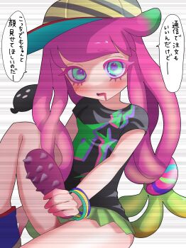 1girl black_shirt blue_eyes blush bracelet colored_eyelashes drooling female_focus green_skirt harmony&#039;s_clownfish_(splatoon) harmony_(splatoon) hat highres holding jewelry long_hair looking_at_viewer low-tied_long_hair miniskirt multicolored_hair nintendo open_mouth pink_hair print_shirt shirt sitting skirt solo splatoon_(series) splatoon_3 striped_clothes striped_headwear tama_nya tentacle_hair translation_request vhs_artifacts