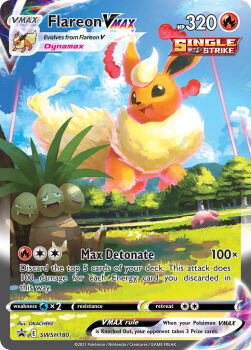 animal artist_name blue_sky card_(medium) character_name cloud company_name copyright_name copyright_notice day dynamax english_text exeggutor fangs flareon gen_1_pokemon grass multiple_heads nintendo no_humans official_art okacheke open_mouth outdoors oversized_animal pokemon pokemon_(creature) pokemon_card pokemon_focus pokemon_tcg red_clouds sitting sky slowpoke smile third-party_source trading_card tree