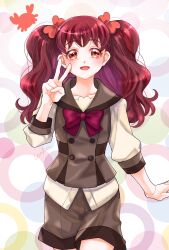 Rule 34 | 1girl, artist name, blouse, bow, bowtie, brown sailor collar, brown shorts, brown vest, cowboy shot, crab, hair bow, half-closed eyes, highres, kanie (precure), looking at viewer, open mouth, precure, purple bow, purple bowtie, red bow, red eyes, red hair, sailor collar, school uniform, second wangan school uniform, shirt, short shorts, shorts, signature, smile, solo, standing, twintails, v, vest, waka (negronoir), white shirt, wonderful precure!