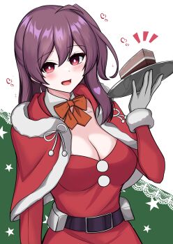 1girl absurdres belt black_belt bow bowtie breasts cake capelet cleavage commentary_request detached_collar dress food fur-trimmed_capelet fur_trim gloves hagikaze_(christmas)_(kancolle) hagikaze_(kancolle) highres holding kantai_collection long_hair medium_breasts official_alternate_costume one_side_up orange_bow orange_bowtie purple_hair red_capelet red_dress red_eyes smile solo tokiwa_senkei upper_body white_gloves