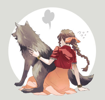 1girl aerith_gainsborough braid braided_ponytail brown_hair cropped_jacket demi_co dress final_fantasy final_fantasy_vii final_fantasy_vii:_advent_children grey_background hair_ribbon highres jacket long_dress long_hair open_mouth petting pink_dress pink_ribbon red_jacket ribbon short_sleeves sidelocks single_braid sitting sitting_on_lap sitting_on_person sweatdrop wolf