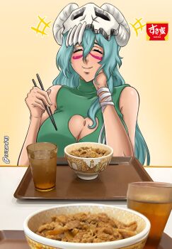 Rule 34 | artist name, bare shoulders, bleach, breasts, chopsticks, cleavage, cleavage cutout, closed eyes, clothing cutout, drink, eating, espada, facial mark, food, green hair, gyuudon, highres, ivizard art93, large breasts, long hair, mask, mask on head, nelliel tu odelschwanck, simple background, skull on head, sukiya, twitter username