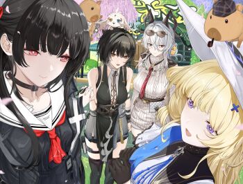 4girls abby_(wuthering_waves) absurdres bare_shoulders black_choker black_dress black_gloves black_hair black_horns black_shirt blonde_hair blue_sash breasts chisa_(wuthering_waves) choker closed_mouth collarbone commentary cross-laced_clothes cross-laced_dress curled_horns dress eyewear_on_head female_rover_(wuthering_waves) gloves grey_dress grey_hair hair_between_eyes hair_ornament hashtag-only_commentary hat highres horns hyaui_kazuki large_breasts long_hair looking_at_viewer medium_breasts mole mole_under_eye multiple_girls namipon_(wuthering_waves) neckerchief necktie phoebe_(wuthering_waves) red_eyes red_neckerchief red_necktie rover_(wuthering_waves) sailor_collar sash shirt sleeveless sleeveless_dress smile sunglasses sweater sweater_dress turtleneck turtleneck_dress white_hat white_sailor_collar wuthering_waves x_hair_ornament yellow_eyes zani_(downtown_repose)_(wuthering_waves) zani_(wuthering_waves)