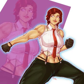 1girl breasts female_focus formal_clothes gloves highres huge_breasts large_breasts leather pants red_eyes red_hair see-through_clothes see-through_shirt shirt short_hair standing suspenders taurence_bell the_king_of_fighters thick_thighs thighs vanessa_(kof) white_shirt wide_hips