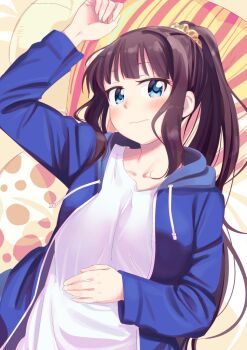 1girl blue_eyes blush breasts brown_hair closed_mouth commentary_request long_hair medium_breasts on_bed original ponytail solo tomiki910 upper_body
