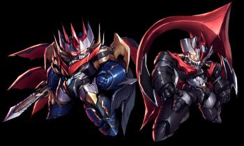 banchengping@126 black_background chibi clenched_hand crazy_eyes holding holding_sword holding_weapon looking_at_viewer mazin_emperor_g mazinger_(series) mazinger_zero_(mecha) mecha no_humans open_hand robot shin_mazinger_zero super_robot_wars super_robot_wars_v sword weapon yellow_eyes