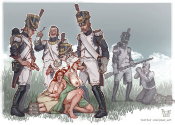 2023 2girls 5boys after_fellatio artist_name begging bonnet boots bottle bucket cum cum_on_body facial fellatio freckles french_army gangbang group_sex gun hands_on_own_hips head_grab helmet historical_connection holding holding_unworn_helmet maid military_uniform multiple_boys multiple_girls musket nipples oral outdoors po-ar pubic_hair rape red_hair scabbard sheath signature soldier standing sword twitter_username unworn_headwear unworn_helmet villagers watermark weapon web_address wine_bottle wooden_bucket