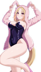 Rule 34 | 1girl, absurdres, animal ear hood, animal ears, arms up, black leotard, blonde hair, blush, breasts, cleavage, closed mouth, commentary request, covered navel, ear covers, fake animal ears, fuji noriho, highres, hood, hoodie, horse ears, horse girl, horse tail, large breasts, leotard, long hair, long sleeves, looking at viewer, narita top road (umamusume), nontraditional playboy bunny, parted bangs, pink footwear, pink hoodie, simple background, smile, solo, standing, standing on one leg, strapless, strapless leotard, tail, umamusume, white background, yellow eyes