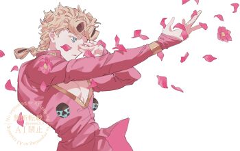 Rule 34 | 1boy, aqua eyes, arms up, bare pectorals, blonde hair, braid, cowboy shot, flower, giorno giovanna, hair rings, highres, jacket, jojo no kimyou na bouken, long sleeves, male focus, outstretched arm, pants, parted lips, pectorals, petals, pink flower, pink jacket, pink pants, short sideburns, sideburns, simple background, sleeves past wrists, solo, uzuki uzu, vento aureo, watermark, white background