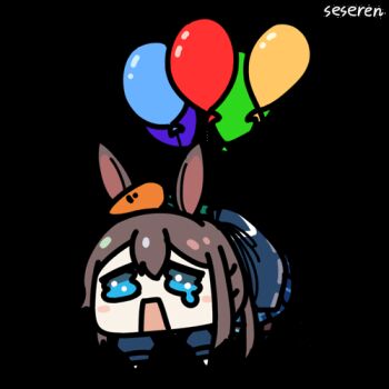 1girl amiya_(arknights) animal_ears animated animated_gif arknights artist_name balloon blue_eyes blush_stickers brown_hair carrot chinese_commentary commentary_request hair_between_eyes long_hair looping_animation lowres open_mouth rabbit_ears rabbit_girl seseren signature solo transparent_background wavy_eyes