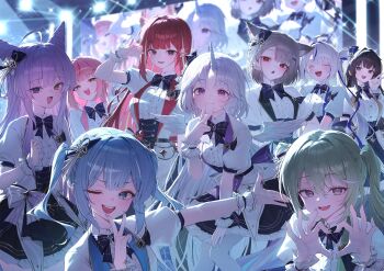 6+girls akane_lize animal_ears aokumo_rin arahashi_tabi ayatsuno_yuni black_hair blonde_hair blue_hair cat_ears cat_girl closed_eyes closed_mouth extra_ears green_hair grey_hair hanako_nana hand_up heart heart_hands highres huhi_(huhi_1211) long_hair looking_at_viewer multicolored_hair multiple_girls neneko_mashiro one_eye_closed open_mouth pink_hair purple_hair red_hair shirayuki_hina short_sleeves smile stellive streaked_hair teeth tenko_shibuki twintails unicorn_horn upper_teeth_only v virtual_youtuber wings yuzuha_riko
