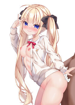 Rule 34 | 1boy, 1girl, absurdres, ahoge, akino (chikarrr), bad id, bad pixiv id, black bow, blonde hair, blue eyes, blunt bangs, blush, bow, bowtie, breasts, breasts out, censored, closed mouth, collared shirt, comiket 102, commentary request, cowboy shot, eyes visible through hair, fang, from side, hair bow, hand up, heart, heart censor, hetero, highres, lips, long hair, long sleeves, looking at viewer, medium breasts, nipples, nose blush, nude, open clothes, open shirt, original, out-of-frame censoring, raised eyebrows, red bow, red bowtie, school uniform, sex, sex from behind, shirt, simple background, skin fang, smile, solo focus, star (symbol), straight hair, sweatdrop, textless version, twintails, v, very long hair, white background, white shirt