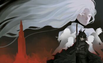 1boy 1girl 4others aerisabella black_cloak black_hair black_tunic blood bloody_tears cassie_(shadow_slave) caster_(shadow_slave) cloak cover cover_page effie_(shadow_slave) grey_eyes highres horns kai_(shadow_slave) logo long_hair multiple_others nephis_(shadow_slave) shadow_slave short_hair shoulder_pads silhouette single_empty_eye spire sunny_(shadow_slave) textless_version tunic very_long_hair white_blood white_hair