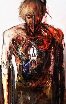 1boy blonde_hair chainsaw chainsaw_man denji_(chainsaw_man) heart_(organ) highres kyezzzz male_focus partial_transformation pochita_(chainsaw_man) sharp_teeth short_hair simple_background solo teeth white_background yellow_eyes