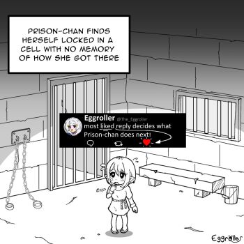 1girl bench bob_cut bucket commentary english_commentary flying_sweatdrops highres open_mouth original pointy_ears prison prison_cell rags sandals solo standing the-eggroller twitter