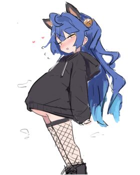 Rule 34 | 1girl, amamiya kokoro, animal ears, bell, big belly, black boots, black hoodie, blue hair, blush, boots, cat ears, commentary, fishnet thighhighs, fishnets, hair bell, hair ornament, heart, heart in eye, highres, hood, hoodie, long hair, looking at viewer, nijisanji, no panties, pregnant, sa ka (sakanoya), simple background, solo, symbol in eye, thighhighs, white background, yellow eyes