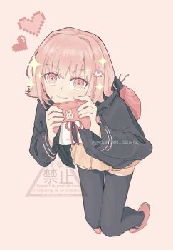 1girl black_jacket black_thighhighs controller danganronpa_(series) danganronpa_2:_goodbye_despair heart highres holding holding_controller hood hooded_jacket jacket medium_hair miniskirt mountain_squeak nanami_chiaki pink_background pink_eyes pink_hair pleated_skirt simple_background skirt solo sparkle thighhighs twitter_username watermark