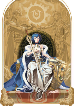 Rule 34 | 1girl, armor, artist name, bare shoulders, binding shield, blue eyes, blue hair, brand of the exalt, breasts, cape, closed mouth, commentary, cosplay, crossed bangs, dress, english commentary, falchion (fire emblem), female morgan (fire emblem), fire emblem, fire emblem awakening, fire emblem cipher, fur-trimmed cape, fur trim, highres, holding, holding sword, holding weapon, lucina (fire emblem), lucina (fire emblem) (cosplay), lucina (hope-ruling queen) (fire emblem), male robin (fire emblem), nintendo, official alternate hair color, on throne, second-party source, shield, short hair, sitting, smile, solo, sword, throne, tiara, watermark, weapon, yusi vishnu