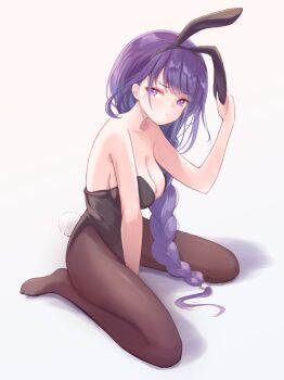 1girl animal_ears bare_arms bare_shoulders black_pantyhose blunt_bangs braid breasts cleavage collarbone commentary fake_animal_ears formal_clothes from_side full_body genshin_impact grey_background head_tilt highres huge_breasts leaning_forward light_blush long_braid long_hair miksin open_mouth pantyhose playboy_bunny purple_eyes purple_hair rabbit_ears raiden_shogun shade shadow single_braid sitting solo suit wariza