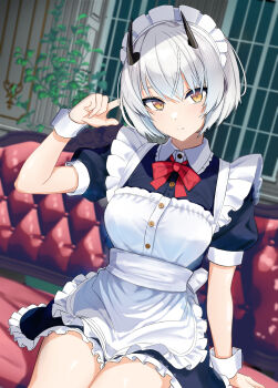 1girl alternate_costume apron black_dress black_horns blue_archive bow bowtie breasts brown_eyes closed_mouth commentary_request couch demon_horns dress enmaided frilled_dress frills grey_hair hand_up highres horns indoors kepyrtca looking_at_viewer maid maid_apron maid_headdress medium_breasts puffy_short_sleeves puffy_sleeves red_bow red_bowtie sena_(blue_archive) shade short_sleeves sitting solo wrist_cuffs