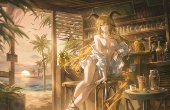 1girl animal_ears arknights bikini blonde_hair breasts cabin closed_mouth crossed_bangs degenbrecher_(arknights) goat_ears goat_girl goat_horns hair_between_eyes helen_zzhao highres horns large_breasts long_hair looking_at_viewer ocean open_clothes open_shirt orange_eyes palm_tree shirt sidelocks smile solo sunset swimsuit tree white_bikini white_shirt