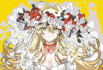 1girl ahoge blonde_hair blood blood_from_neck blood_on_flower blood_on_neck breasts bug butterfly choker cleavage detached_sleeves fate/grand_order fate_(series) flower flower_wreath green_eyes hair_intakes highres insect large_breasts looking_at_viewer nero_claudius_(bride)_(fate) nero_claudius_(fate) solo sparkling_eyes spiked_choker spikes straight-on sunfish3939 upper_body white_flower