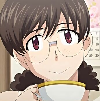 1girl 2020 20s cup curly_hair glasses hitozuma_mitsu_to_niku housewife mature_female obasan_(hitozuma_mitsu_to_niku) ponytail queen_bee_(animation_studio) smile tagme vest