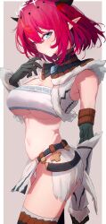 Rule 34 | 1girl, absurdres, armpits, black gloves, blue eyes, breasts, cleavage, getto, gloves, halo, heterochromia, highres, hololive, hololive english, horns, irys (hololive), irys (irys 2.0) (hololive), kirin (armor), loincloth, looking at viewer, monster hunter (series), navel, red eyes, red hair, short hair, solo, underboob