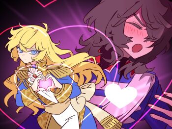 1boy 1girl andre_grandier black_hair blonde_hair blue_eyes blue_jacket blush bucchigiri?! closed_eyes closed_mouth commentary_request epaulettes glowing hair_between_eyes hands_up heart heart_hands hetero jacket long_hair long_sleeves looking_at_viewer meremero open_mouth oscar_francois_de_jarjayes pants parody scene_reference standing versailles_no_bara white_pants