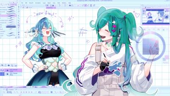 2girls absurdres black_dress blue_hair breasts closed_eyes clothing_cutout commentary double-parted_bangs dress elira_pendora english_commentary finana_ryugu fins fish_girl green_hair grey_overalls grid_background hair_between_eyes hands_on_own_hips head_fins highres long_hair long_sleeves medium_breasts multiple_girls navel navel_cutout nijisanji nijisanji_en nrnmarie open_mouth overalls parted_bangs shirt sleeveless sleeveless_dress smile two_side_up virtual_youtuber white_background white_shirt