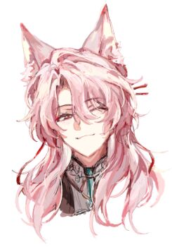 Rule 34 | 1boy, animal ear fluff, animal ears, bishounen, chinese clothes, closed mouth, commentary, cropped shoulders, fox boy, fox ears, hair between eyes, hair ornament, hair ribbon, hair stick, half-closed eyes, highres, honkai: star rail, honkai (series), jiaoqiu (honkai: star rail), long hair, looking at viewer, male focus, mandarin collar, one eye closed, pink eyes, pink hair, portrait, red ribbon, ribbon, shirt, simple background, smile, solo, symbol-only commentary, tyoookozuki, white background