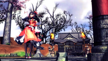 1girl 3d bare_tree black_hair black_pantyhose bow cherry_blossoms cloud cloudy_sky day detached_sleeves female_focus fire fire hair_bow hakurei_reimu highres lantern long_hair outdoors pantyhose pillar red_bow red_skirt ribbon-trimmed_sleeves ribbon_trim sandals shrine skirt sky smile socks solo stairs standing tabi torch touhou tree vest white_socks