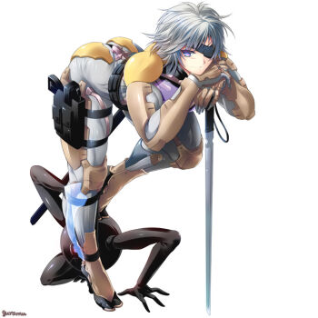 1boy blade blue_eyes bodysuit bururai cyborg eyepatch gun machine male_focus metal_gear_(series) metal_gear_solid metal_gear_solid_4:_guns_of_the_patriots muscular raiden_(metal_gear) short_hair simple_background standing sword weapon white_hair