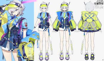 1girl absurdres adcd alternate_costume blue_overalls blue_shirt closed_mouth commentary_request female_esper_zero_(nte) gloves grey_eyes grey_hair highres holding_baton jacket looking_at_viewer mouth_hold neverness_to_everness overalls reference_sheet shirt short_hair solo white_gloves yellow_jacket