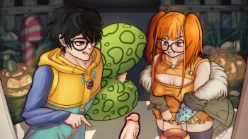 Rule 34 | 1girl, 2boys, absurdres, amamiya ren, bare shoulders, black hair, black thighhighs, breasts, cleavage, cosplay, covered erect nipples, diane (nanatsu no taizai), diane (nanatsu no taizai) (cosplay), eyelashes, fingerless gloves, fukuyama jun, glasses, gloves, group sex, gus arts, hair between eyes, halloween, highres, hugging object, inminent sex, king (nanatsu no taizai), king (nanatsu no taizai) (cosplay), long hair, medium breasts, mmf threesome, multiple boys, nanatsu no taizai, orange hair, persona, persona 5, pillow, pillow grab, pillow hug, pointing at penis, pov, pov crotch, pumpkin, sakura futaba, skindentation, tagme, thighhighs, threesome, twintails, voice actor connection, yuuki aoi