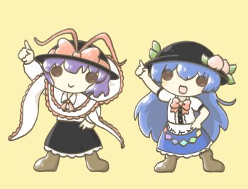 2girls arm_up black_hat black_skirt blue_hair blue_skirt bow bowtie brown_shoes capelet chibi commentary_request frilled_capelet frilled_shawl frills full_body hat hat_bow highres hinanawi_tenshi index_finger_raised long_hair multiple_girls nagae_iku peach_hat_ornament purple_hair rainbow_order red_bow red_bowtie shawl shirt shoes short_hair simple_background skirt solid_circle_eyes standing touhou wafu_(wafu39080) white_shirt yellow_background