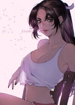 1girl absurdres artist_name bare_shoulders breasts brown_eyes brown_hair casual chair cleavage cowboy_shot dolphin_shorts highres large_breasts leaning_on_object light_smile lips long_hair looking_at_viewer midriff official_alternate_costume parted_bangs ponytail red_shorts shiranui_mai shorts simple_background sitting solo street_fighter street_fighter_6 tank_top the_king_of_fighters white_tank_top yiiande