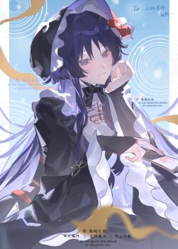 1boy a_maya_xxx alternate_costume alternate_hair_length alternate_hairstyle apron black_bonnet black_bow black_bowtie black_bridal_gauntlets black_dress black_hat black_sleeves blue_background blunt_ends blurry bonnet border bow bowtie bridal_gauntlets chinese_knot crossdressing crossdressing_(mtf) depth_of_field dress eyelashes eyeliner eyeshadow frilled_bonnet frilled_sleeves frills genshin_impact gold_ring hair_intakes hands_up hat highres holding layered_sleeves long_hair long_sidelocks long_sleeves looking_at_viewer makeup male_focus middle_ring parted_lips purple_eyes purple_hair purple_hat red_eyeliner red_eyeshadow scaramouche_(genshin_impact) sidelocks solo tsurime two-sided_fabric two-sided_headwear watermark white_apron white_border white_mouth white_sleeves wispy_bangs