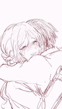 Rule 34 | 1boy, 1girl, ^ ^, blush, closed eyes, commentary request, gakuen idolmaster, happy tears, hetero, himesaki rinami, hug, idolmaster, long hair, long sleeves, monochrome, producer (idolmaster), simple background, siroko m, tears, upper body, white background