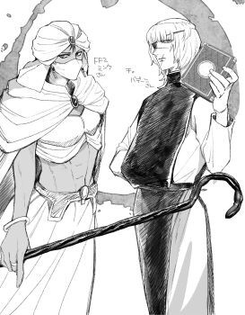 2boys badeni black_tunic blunt_bangs book bracelet cape chi.:_chikyuu_no_undou_ni_tsuite covered_mouth cowboy_shot crop_top dark-skinned_male dark_skin earrings eyepatch final_fantasy final_fantasy_ii forehead_jewel greyscale harem_pants highres holding holding_book holding_staff jewelry long_sleeves male_focus mask midriff minwu monk monochrome mouth_mask multiple_boys pants ring scar scar_on_face scar_on_mouth scar_on_nose shepherd&#039;s_crook shirt staff tan tonsure tttnoundou tunic turban white_background white_cape white_pants white_shirt white_turban