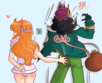 !? 1boy 1girl artist_name ass bandana bangle bare_arms bare_shoulders black_hair blush bracelet coat from_behind gloves grabbing_another's_ass green_gloves green_jacket groping heart highres jacket jewelry leotard long_hair nami_(one_piece) nami_(one_piece)_(egghead) non-web_source official_alternate_costume one_piece orange_hair purple_bandana radio_antenna shoulder_tattoo source_request spoken_heart standing surprised tattoo usopp usopp_(egghead) wild_girl_nest