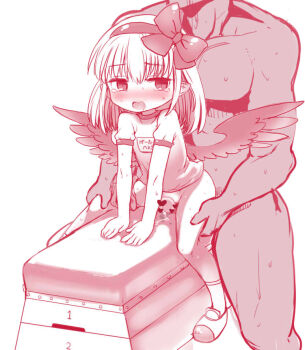 1boy 1girl ajitarou_(setsu) blush censored dark_feather_alma emil_chronicle_online flat_chest grabbing_another&#039;s_thighs gym_uniform hair_ribbon hairband heart heart_censor loli nose_blush open_mouth pointy_ears precum ribbon shoes socks tearing_up thigh_sex uwabaki vaulting_horse white_background wings